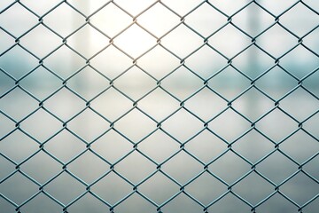 Fototapeta premium A hazy, ethereal view through a chain link fence, soft light filtering through the wire mesh, creating a sense of mystery and quiet contemplation.