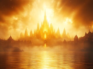 Golden City Sunset Lake Fantasy.