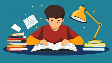 Young Student Engaged in Reading at a Study Desk with Books