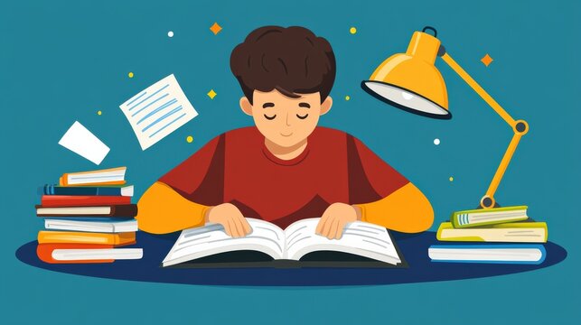 Young Student Engaged in Reading at a Study Desk with Books