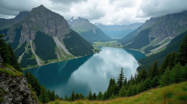 Aerial view of Lake Cauma, Switzerland, during midday rain. The lake&rsquo;s turquoise waters shimmer under falling raindrops, enveloped by fog and dense pine forests.