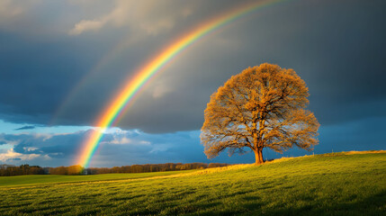 Naklejka premium Majestic Rainbow Arcing Over a Solitary Oak Tree in a Serene Field