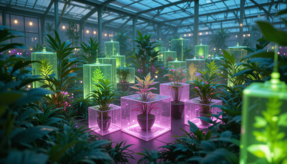 vibrant greenhouse filled with lush plants displayed illuminated glass containers, creating magical atmosphere. colorful lighting enhances beauty of greenery, inviting sense of wonder