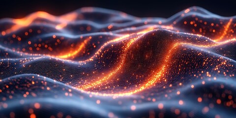 Abstract flowing illuminated waves with scattered glowing particles forming patterns