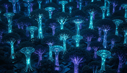 mesmerizing landscape featuring glowing trees vibrant shades of blue and purple, creating surreal and enchanting atmosphere. illuminated foliage stands out against dark background, evoking sense