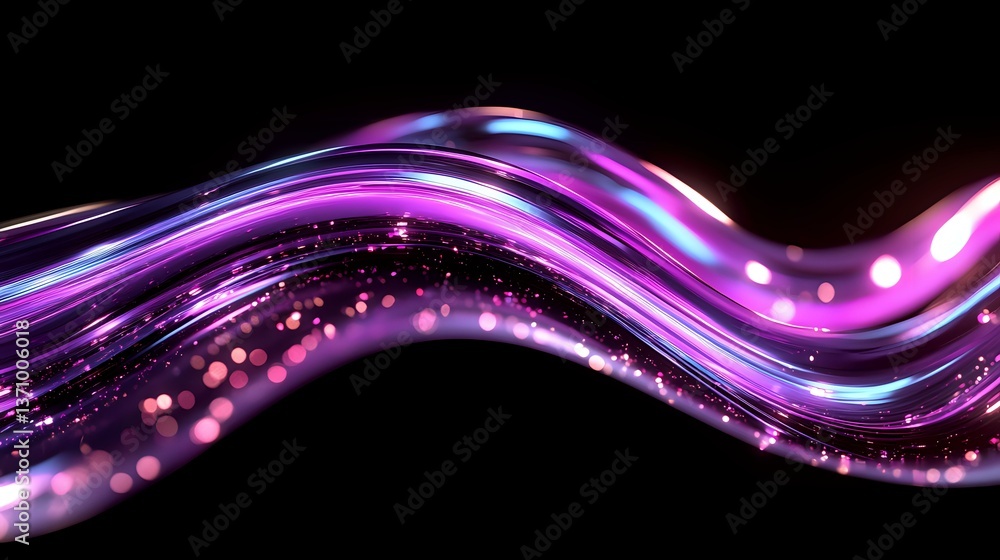 Poster glowing purple and blue wave with sparkles and light trails flowing on black background, abstract dy