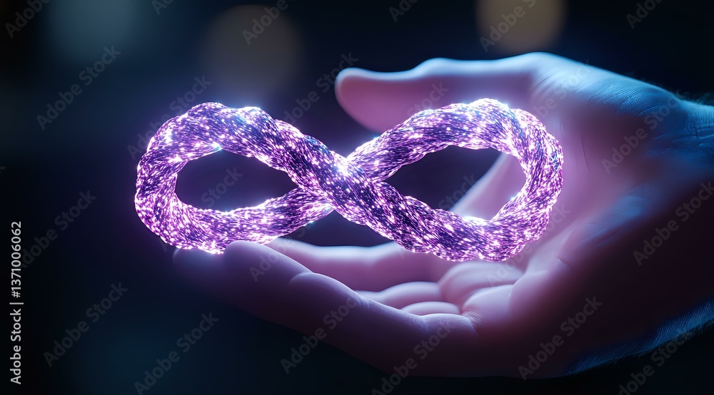 Poster glowing purple infinity symbol floating above open palm in dark background with magical particle eff