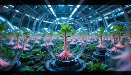 futuristic greenhouse filled with glowing plants transparent domes, showcasing advanced agricultural technology. vibrant green leaves and illuminated roots create captivating atmosphere