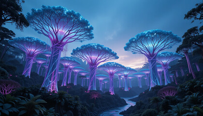 surreal landscape featuring towering trees with glowing, vibrant blue and purple foliage, set against twilight sky. scene evokes sense of wonder and tranquility, with winding river reflecting