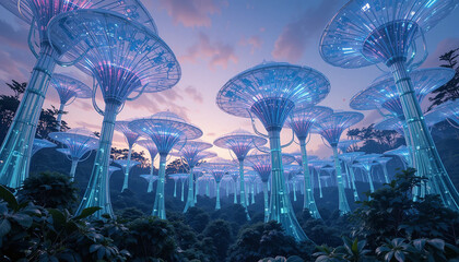 Futuristic glowing trees rise above lush landscape, creating surreal atmosphere at dusk. vibrant colors and unique design evoke sense of wonder and imagination