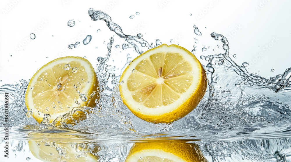 Poster two lemon halves splashing in water with a white background creating a refreshing and vibrant scene