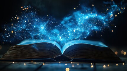 A digital window into the future, where an open book reveals a mesmerizing holographic representation of generative AI, its code shimmering like stardust, illuminating the path of human creativity 