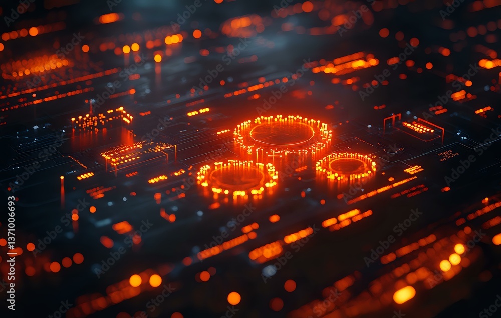 Poster glowing orange circuit paths and digital rings on dark electronic motherboard with bokeh light effec