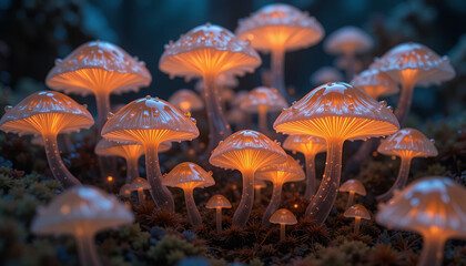 Glowing mushrooms illuminate mystical forest scene, creating enchanting atmosphere filled with bioluminescent beauty. delicate structures and soft light evoke sense of wonder and tranquility