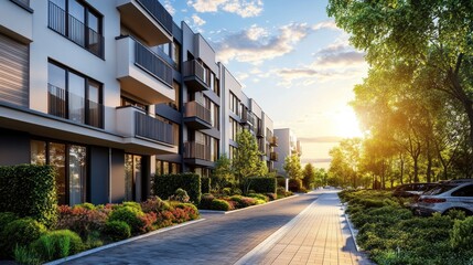 Obraz premium Modern residential complex showcasing upscale living with greenery and natural light