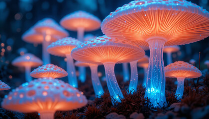 Glowing mushrooms in mystical forest create captivating scene with vibrant colors and enchanting light. luminous fungi stand out against dark background, evoking sense of wonder and magic