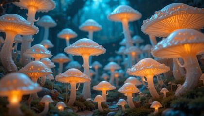Magical glowing mushrooms illuminate mystical forest, creating enchanting atmosphere. soft light and intricate details of fungi evoke sense of wonder and tranquility