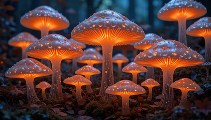 Glowing mushrooms illuminate mystical forest scene, creating enchanting atmosphere. vibrant orange caps and delicate stems add magical touch to woodland environment