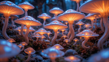 magical forest scene featuring glowing mushrooms with luminous caps and delicate stems, creating enchanting atmosphere in mystical environment