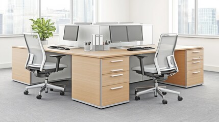 Modern office setup with two desks, chairs, and computer monitors