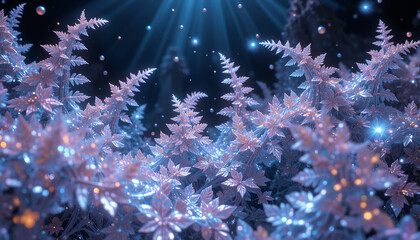 serene and enchanting scene of shimmering foliage illuminated by soft blue light, creating magical atmosphere in forest setting. delicate leaves glisten with dew, enhancing tranquil beauty
