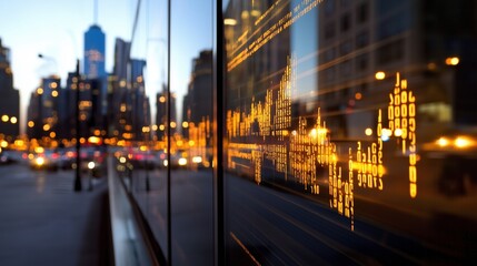 Digital Stock Market Display Reflected on Glass Building in City