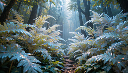 serene forest scene featuring lush ferns illuminated by soft, diffused light filtering through tall trees. tranquil atmosphere invites sense of peace and connection with nature