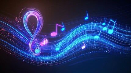 A vibrant neon blue and purple treble clef with glowing, dynamic musical notes flowing like a wave. The futuristic light trails create a mesmerizing energy against a dark gradient background.
