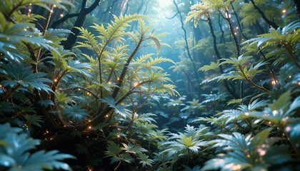 lush forest scene filled with vibrant green foliage and soft, glowing lights creates magical atmosphere. dense vegetation and misty ambiance evoke sense of tranquility and wonder