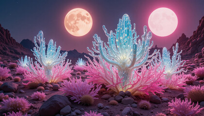 surreal landscape features glowing coral like structures in vibrant pink and blue hues, illuminated under two large moons. scene evokes sense of wonder and tranquility in otherworldly environment