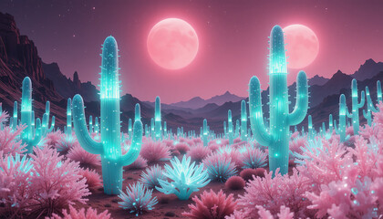 surreal landscape featuring glowing cacti under two moons, surrounded by vibrant pink vegetation and mountains in background, creating dreamlike atmosphere