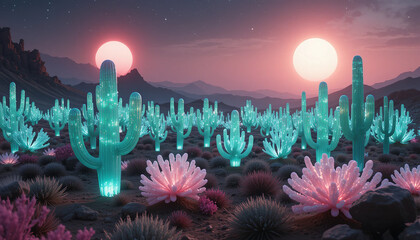 surreal landscape featuring glowing cacti and vibrant flowers under two suns, creating magical atmosphere. scene evokes sense of wonder and tranquility