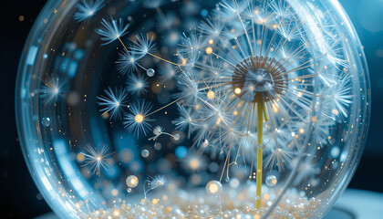 close up view of dandelion seed head inside glass sphere, showcasing delicate seeds and shimmering lights, creating magical and ethereal atmosphere
