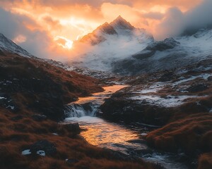 Naklejka premium Mountain Stream Sunset, Snowy Peaks