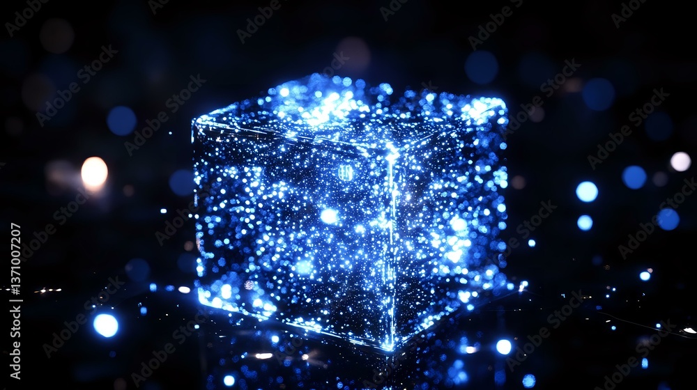 Poster glowing blue cube with sparkles and light particles floating in dark space, creating magical atmosph