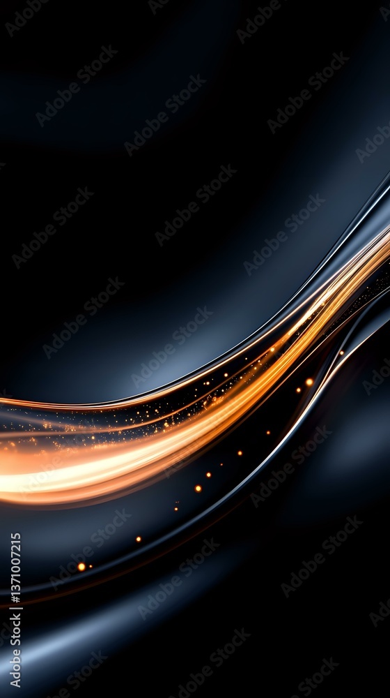 Poster abstract glowing orange and silver waves with sparkles on dark background, dynamic flowing light tra