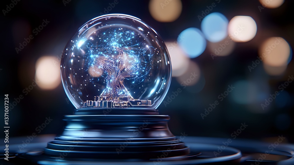 Poster magical snow globe with glowing ferris wheel inside against blurred bokeh lights background, creatin