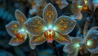 stunning orchid flower with intricate circuit patterns glowing softly in shades of blue and gold, blending nature and technology in captivating display
