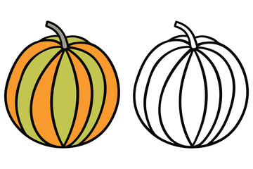 Autumnal Pumpkin Duo Vibrant Orange & Green Hues with Outline on White Surface