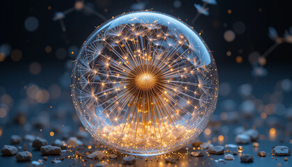 mesmerizing glass sphere filled with glowing dandelion like structures, radiating light and surrounded by small stones, creating magical atmosphere