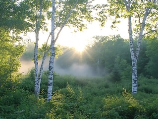 Obraz premium Morning Mist in Birch Trees