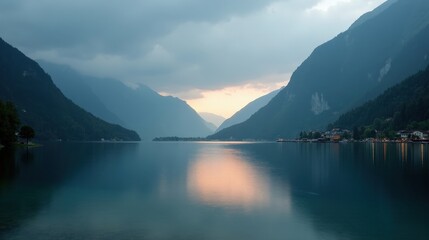 A professional photo of Lake Thun in Switzerland at dawn, rainy conditions, captured from a regular perspective, showcasing the rainfall on the calm water.