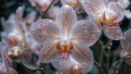 stunning close up of delicate orchid flower with intricate patterns and shimmering droplets, showcasing its beauty and elegance natural setting. soft colors and details evoke sense of tranquility