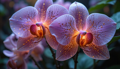 Beautiful pink orchids with intricate patterns and droplets of water glistening on their petals create serene and enchanting atmosphere in lush garden setting
