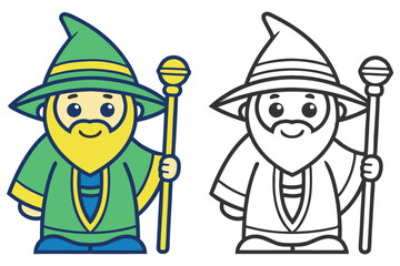 Cartoon Wizard with Pointed Hat and Staff, Illustration, Color and Lineart