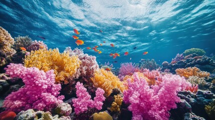 Naklejka premium Underwater paradise: A vibrant coral reef teeming with marine life and sunlight