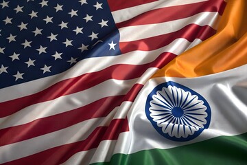 America and India. Bilateral Relations Between America and India. Diplomatic USA and Indian Flags Unity Concept with Wave Effect.