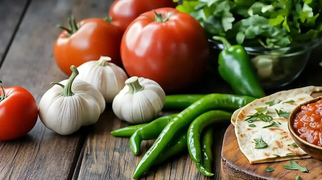 Fresh Vegetables Including Tomatoes Garlic Green Peppers And Cilantro On Wooden Table