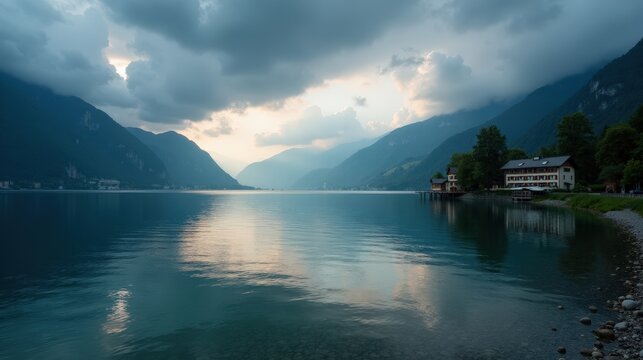 A professional photo of Lake Thun in Switzerland at dawn, rainy conditions, captured from a regular perspective, showcasing the rainfall on the calm water.
