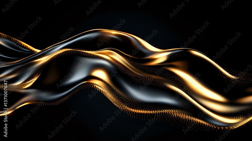 Poster luxurious flowing waves of gold and silver metallic ribbons on black background create elegant abstr